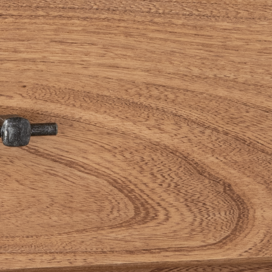 Close-up of the five-drawer chest’s hickory drawer front and dark metal pull
